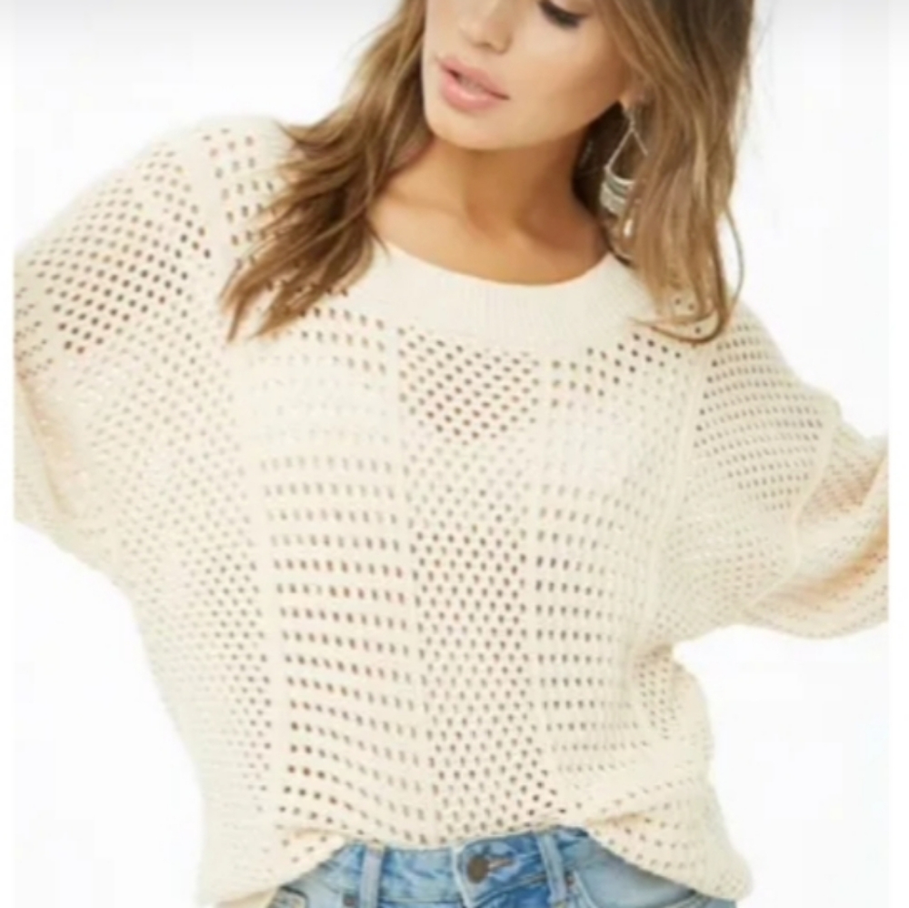 Fate by LFD Wide Open Arm Ivory Sweater Size Large Relaxed Crochet NEW NWT - Picture 2 of 10